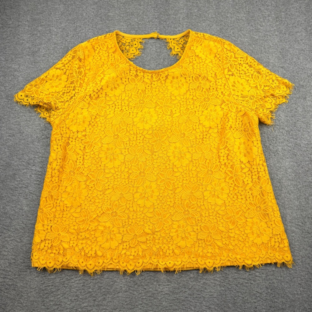 Alice Blue Mustard‎ Yellow Floral Lace Short Sleeve Blouse XXL T36298